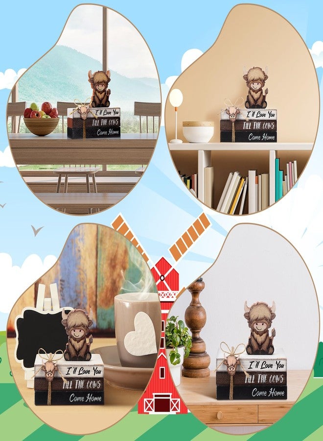 Anglechic 4 Pcs Highland Cow Wood Book Stacks Decor Highland Cow Wooden Tiered Tray Decor Rustic Table Centerpiece Block Signs Christmas Decorations for Home Dining Table Mantel Shelf - Image 4